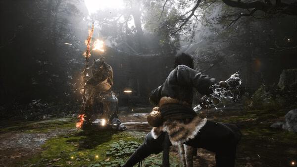 Screenshot from Black Myth: Wukong showing a tense battle between a warrior holding a staff and a large armored opponent in a forest.
