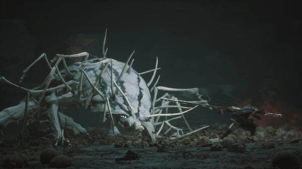 Black Myth: Wukong screenshot showing a warrior battling a massive spider-like creature in a dark, eerie environment with bones scattered around.