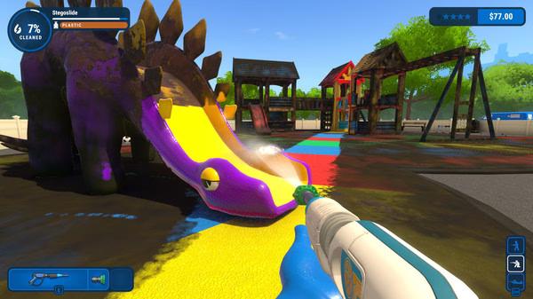 PowerWash Simulator screenshot: A player cleans a colorful dinosaur slide in a playground, progress at 7% cleaned.