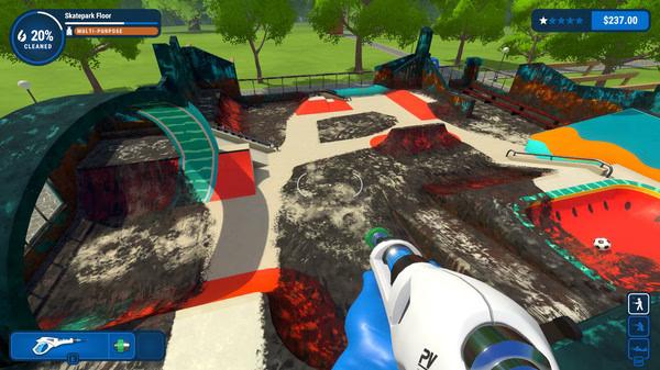 PowerWash Simulator screenshot: A skatepark with a partially cleaned floor, showing grime and bright colors, viewed from the washer's perspective.