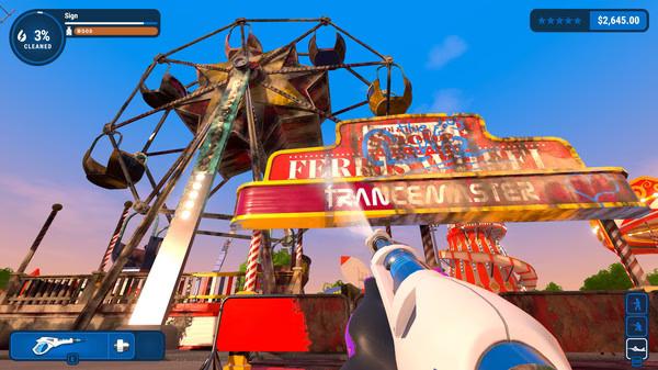 Screenshot from PowerWash Simulator showing a player cleaning a rusty Ferris wheel sign using a pressure washer.