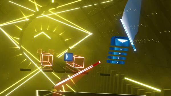 Beat Saber screenshot showing a glowing yellow environment with red and blue blocks, and a saber slicing through a block.