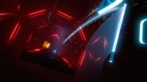 Beat Saber screenshot showing a glowing saber slicing through blocks in a dark, neon-lit environment with red and blue lights.