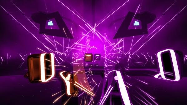 Beat Saber screenshot: A vibrant scene with glowing purple neon blocks and sabers slicing through them amidst dazzling light effects.