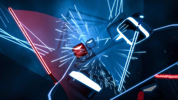 Beat Saber screenshot showing a dynamic scene with glowing blue and red sabers slicing through blocks amid bright, energetic visual effects.