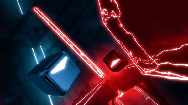 Beat Saber screenshot showing a glowing saber slicing through red and blue cubes in a rhythmic virtual environment.