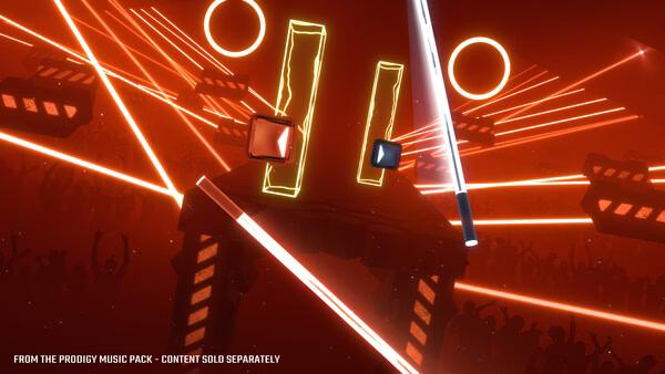 Beat Saber screenshot showing glowing sabers slicing through red and blue blocks in a vibrant, neon-lit environment.