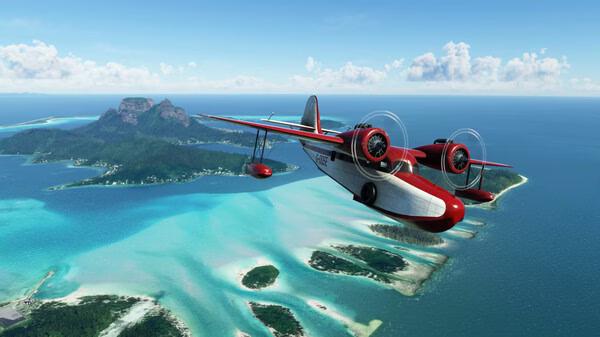 A screenshot from Microsoft Flight Simulator 2020 showing a red and white seaplane flying over tropical islands and turquoise waters.