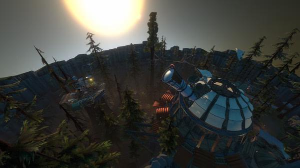 Screenshot from Outer Wilds showing a scenic view of the timber-covered crater with a spacecraft and an observatory.