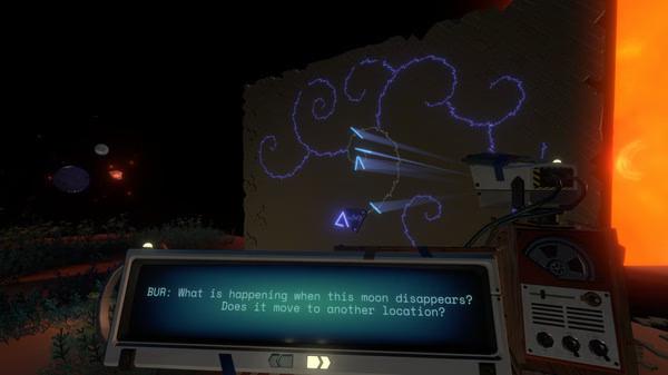 Outer Wilds screenshot: A wall with glowing symbols and a text dialogue asking about the moon's disappearance is visible.
