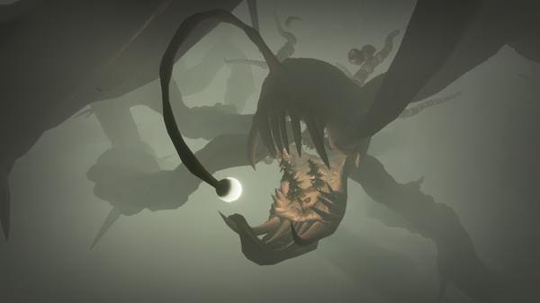 Outer Wilds screenshot showing a massive alien creature with tentacles surrounding a cluster of trees in a misty environment.