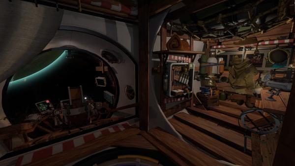 Outer Wilds screenshot: A cozy wooden spaceship interior with control panels and a suit. Space is visible through a round window.
