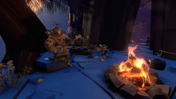 Screenshot from Outer Wilds showing a spacesuit-clad character playing a banjo near a glowing campfire amidst a rocky landscape.