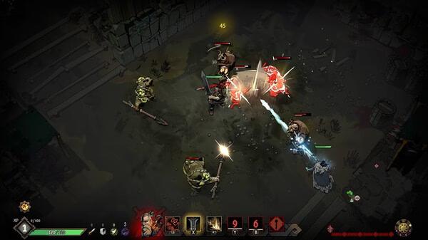 Ravenswatch screenshot: A hero battles multiple enemies in a dark, dungeon-like setting, using magic and melee attacks.