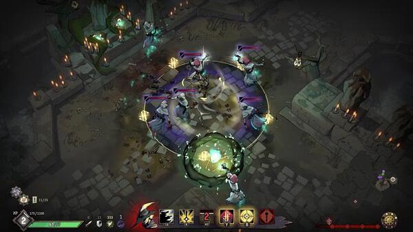 Ravenswatch screenshot: A character surrounded by enemies in a dark dungeon, with various abilities and health bars visible.