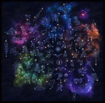 Grim Dawn screenshot showing the Constellation Map, featuring various celestial designs and colorful nebula backgrounds.