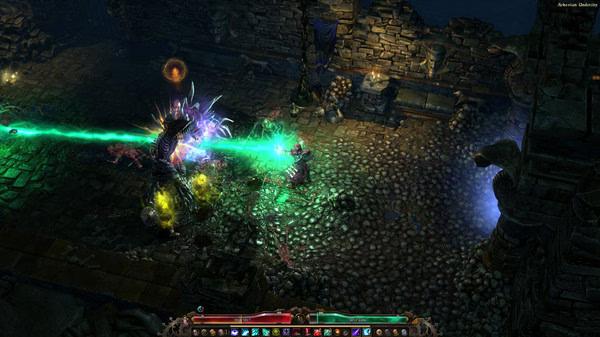 Grim Dawn screenshot: A character battles monsters in a dark, stone dungeon, casting bright green and colorful magic attacks.