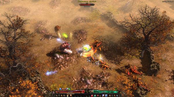 Grim Dawn screenshot: A warrior battles multiple enemies in a barren landscape, using glowing magical attacks to fend off creatures.