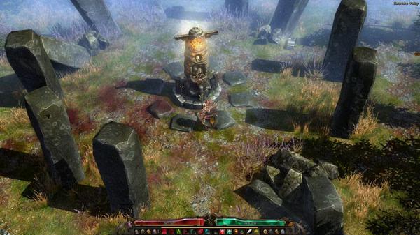 Grim Dawn screenshot: A character stands near a glowing shrine surrounded by stone pillars in a grassy, misty outdoor area.