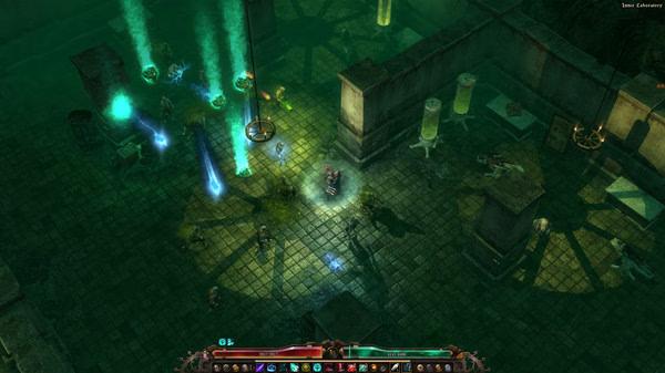 Grim Dawn screenshot: A character battles enemies in a dim, ancient ruin with glowing pillars and mystical energy beams.