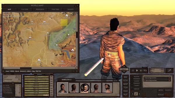 Kenshi screenshot: A lone character stands on a hilltop at sunset, overlooking a desert landscape with a map interface on the screen.