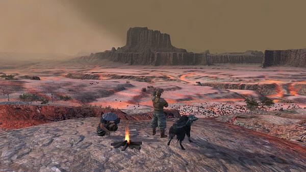 Screenshot from Kenshi showing a rugged landscape with two characters and a dog near a campfire, overlooking a vast desert.
