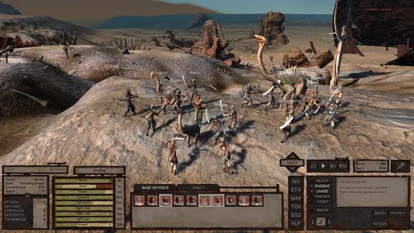 Kenshi screenshot showing a group of characters battling creatures in a desert landscape, with game interface visible at the bottom.