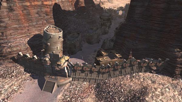 Screenshot from Kenshi, showing a fortified desert settlement with stone walls and various structures nestled between canyon walls.