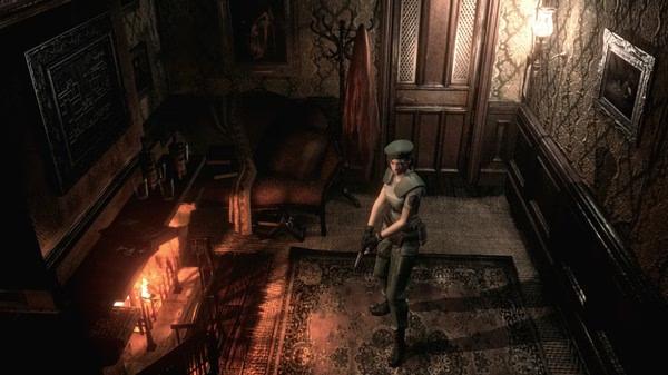 Screenshot from Resident Evil HD Remaster showing a character in a dimly lit, ornate room holding a weapon.