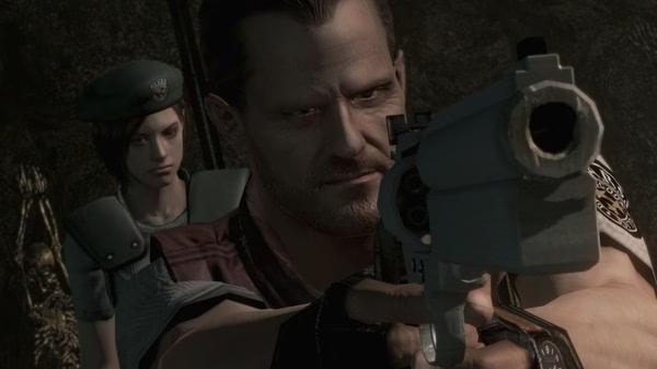Resident Evil HD Remaster screenshot: Two characters are in a dark area, one aiming a weapon, the other standing behind in a green cap.