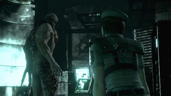 Resident Evil HD Remaster screenshot: Jill Valentine faces a grotesque creature in a dimly lit lab with glowing equipment.