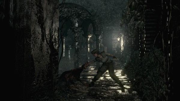 Resident Evil HD Remaster screenshot: A character battles a zombie dog in a dark, overgrown courtyard with stone arches and glowing lights.