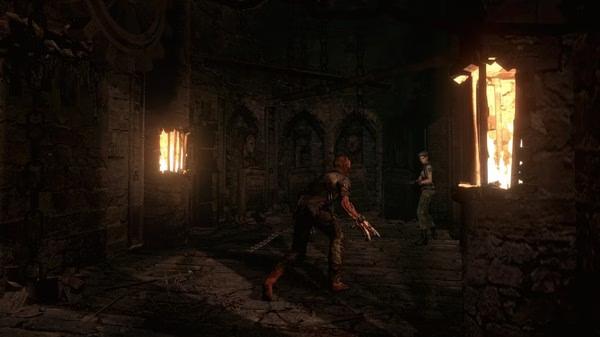 Resident Evil HD Remaster screenshot: A creature with claws approaches a character in a dim, stone-walled room.