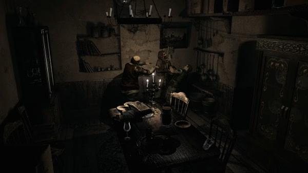 Screenshot of Resident Evil HD Remaster showing a dimly lit dining room with two zombies slumped over a table.