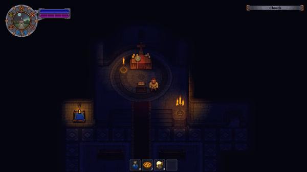 Screenshot of Graveyard Keeper showing a character standing in a dimly lit church with candles and religious symbols.