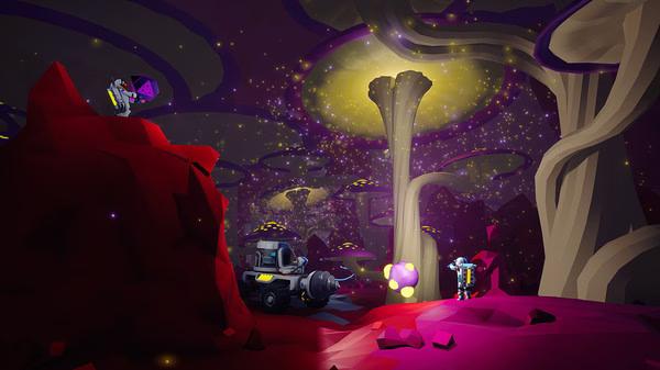 ASTRONEER screenshot: Two astronauts explore an alien cave with glowing mushrooms, surrounded by vibrant purple and red terrain.