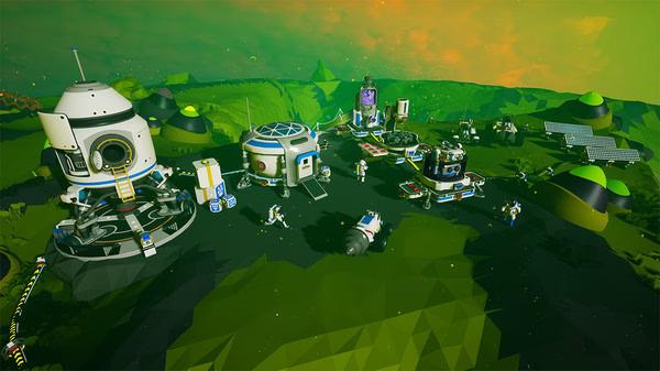 ASTRONEER screenshot: A sprawling base setup on an alien planet with various structures and solar panels under a green, atmospheric sky.