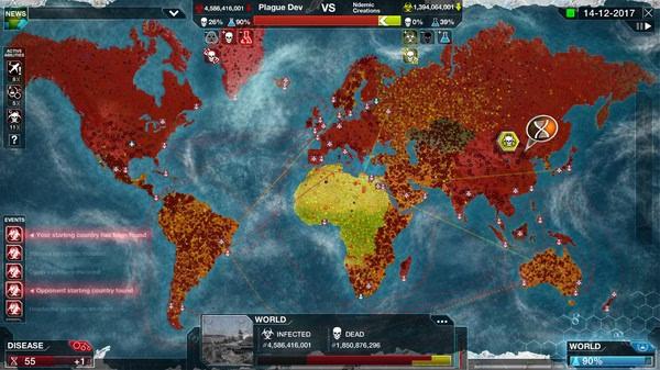 Plague Inc: Evolved screenshot showing a world map with disease spread, infection stats, and active events in progress.