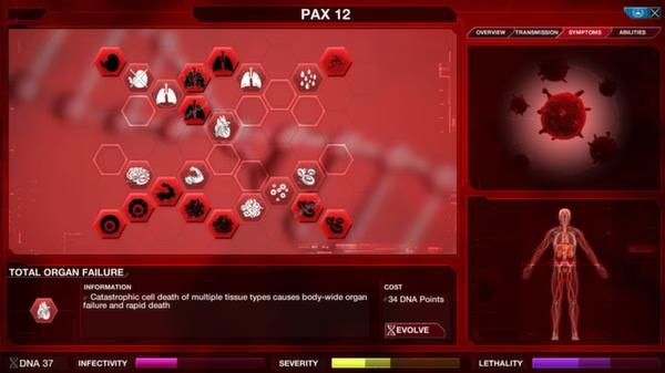 Plague Inc: Evolved screenshot showing the symptoms menu, with organ failure selected and virus visuals displayed on a red interface.