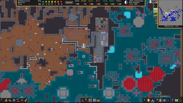 Dwarf Fortress screenshot: An underground fortress with mining tunnels, rooms, and colorful patches of gems and minerals visible on the map.