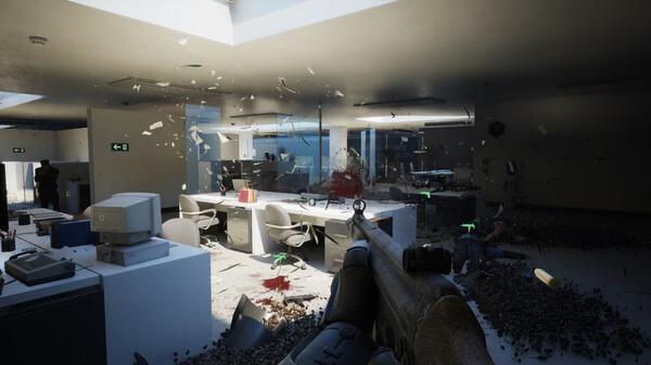 RoboCop: Rogue City screenshot showing a chaotic office scene with debris, overturned furniture, and a weapon in the foreground.