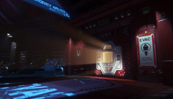 Screenshot from Alien: Isolation showing a dimly lit spaceship corridor with an emergency airlock and evacuation signs visible.