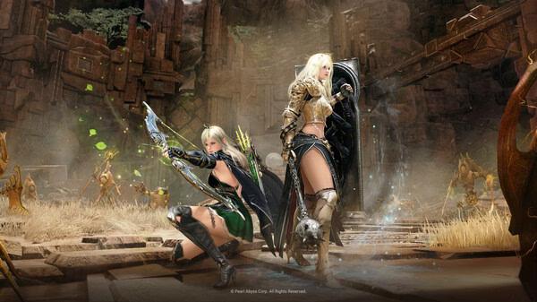 Black Desert screenshot: Two armored characters wielding weapons stand ready in a rugged, ancient ruin setting.