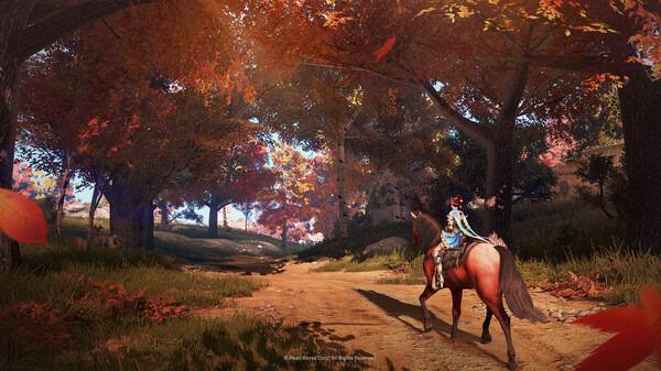 Black Desert screenshot: A player character rides a horse through a scenic autumn forest with vibrant red and orange leaves.