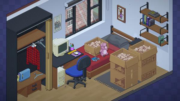 Screenshot from Unpacking: a bedroom with a computer desk, boxes, shelves, and a bed with a pink stuffed toy on top.