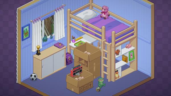 Screenshot from Unpacking shows a cozy bedroom with a loft bed, boxes of toys and books, and a soccer ball on the floor.