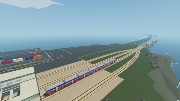Screenshot from Stormworks: Build and Rescue shows a colorful train on tracks near a coastal station and large bridge.