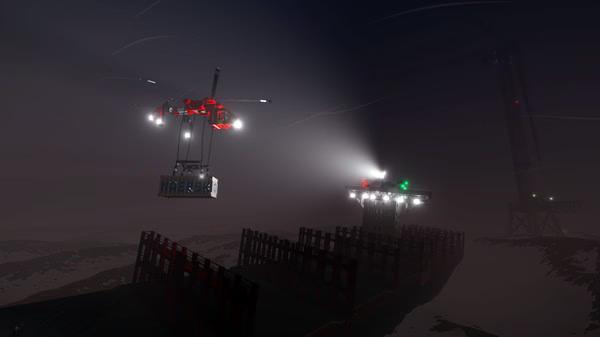 Screenshot from Stormworks: Build and Rescue showing a helicopter flying over a ship at night, illuminated by bright lights.