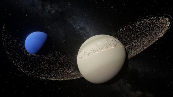 Screenshot from Universe Sandbox showing a white planet with rings and a blue planet against a backdrop of stars and space.