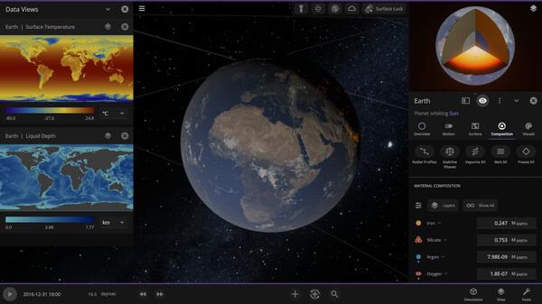 Screenshot of Universe Sandbox showing Earth in space, with data panels displaying surface temperature and liquid depth maps.